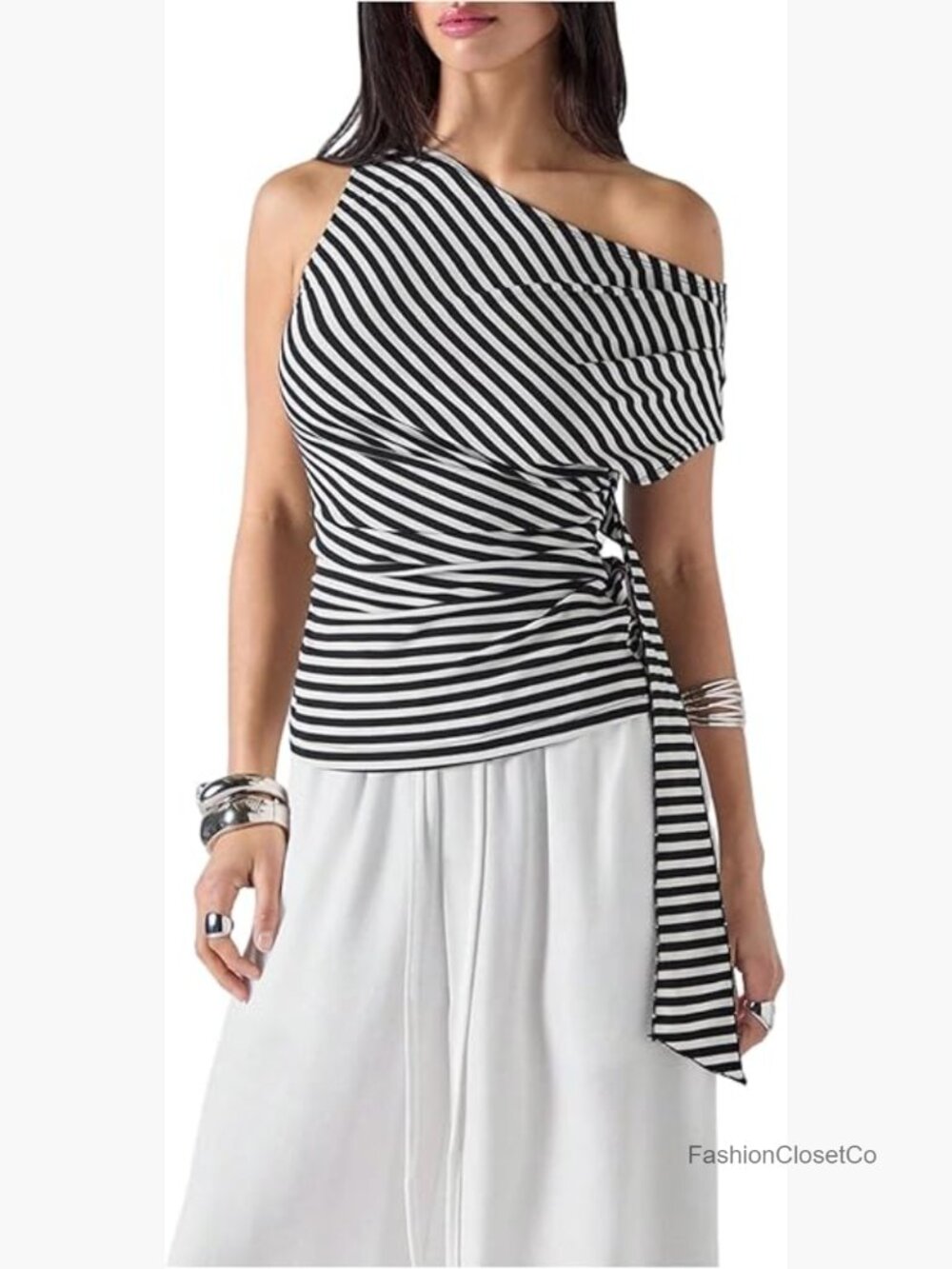 Striped One Shoulder Ribbed Knit Blouse Ruched Draped Going Out Top - Picture 1 of 5